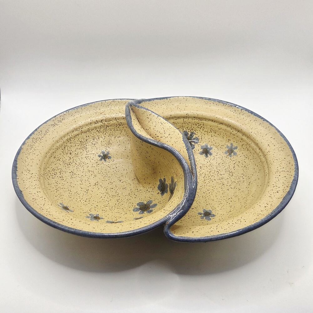 Signed Vintage Studio Pottery 2-sided Bowl w/blue & brown Flowers